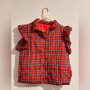 Women's Red Plaid Collared Sleeveless Ruffled Button Up Vest